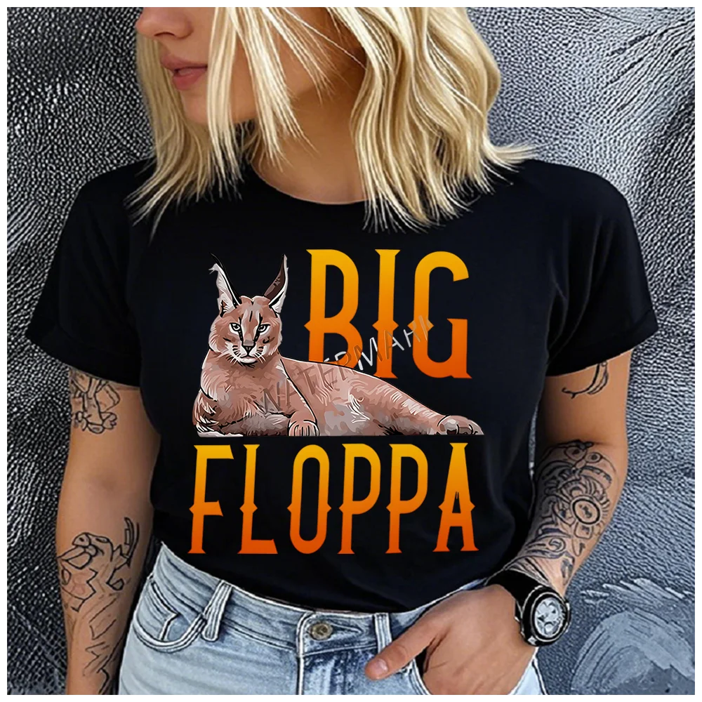 Cotton 100% Big Floppa Caracal Cat Graphic Print T‑Shirt Women Pink Short Sleeve Crew Neck Tee Meme Animal Casual Daily Wear Top