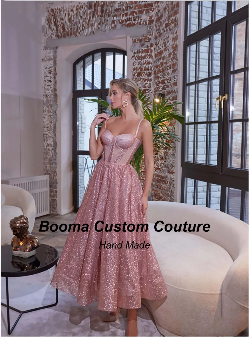 Booma Shiny Pink A Line Evening Dresses Sweetheart Boning Corset Prom Gowns Anke Length Gillter Formal Occasion Dresses Women