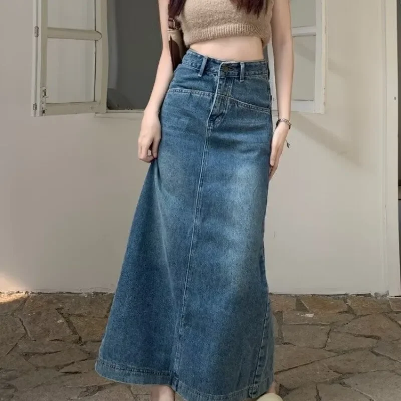 2024 New Women's Plus Size Denim Skirt High-Waisted Slimming Design Sensibility Side Slit A- Line Long Dress