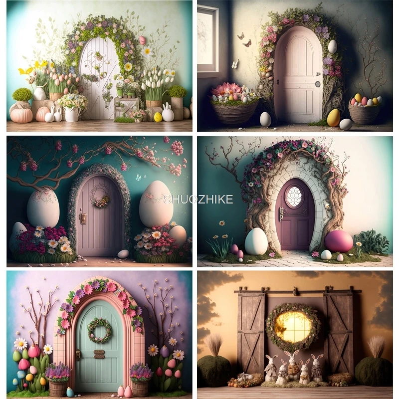 

Easter Scene For Photo Studio Background Celebrations Spring Eggs Rabbits Doors Photography Backdrops Props FR-08