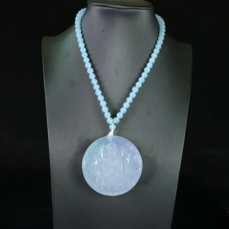

Natural High Ice Quartzite Jade Round Brand Guanyin Pendant Necklace