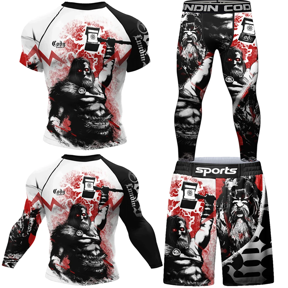 Nowy Rashguard MMA Jiu Jitsu T-shirt + spodnie 4 sztuk/zestaw męskie Bjj Gi brazylijskie spodenki MMA Grappling Muay Thai dres Kickboxing
