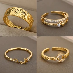 Retro Wide Textured Rings for Women Open Adjustable Stainless Steel Gold Color Ring Gothic Punk Hip Hop Jewelry anillos mujer