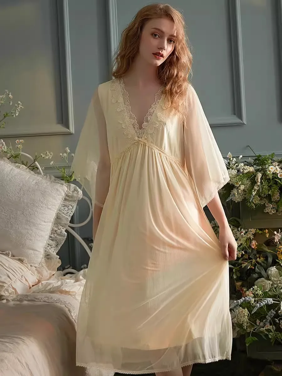 

Vintage Modal Gauze Long Nightgowns For Lady Deliacate Embroidery Princess Sleepwear Loose Royal Spring Autumn Dress