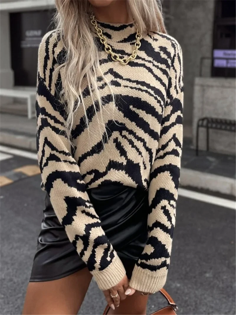 Zebra Knitted Fashion Round Neck Long Sleeved Warm Loose Sweater Autumn Winter New Street Hippie Clothing for Women