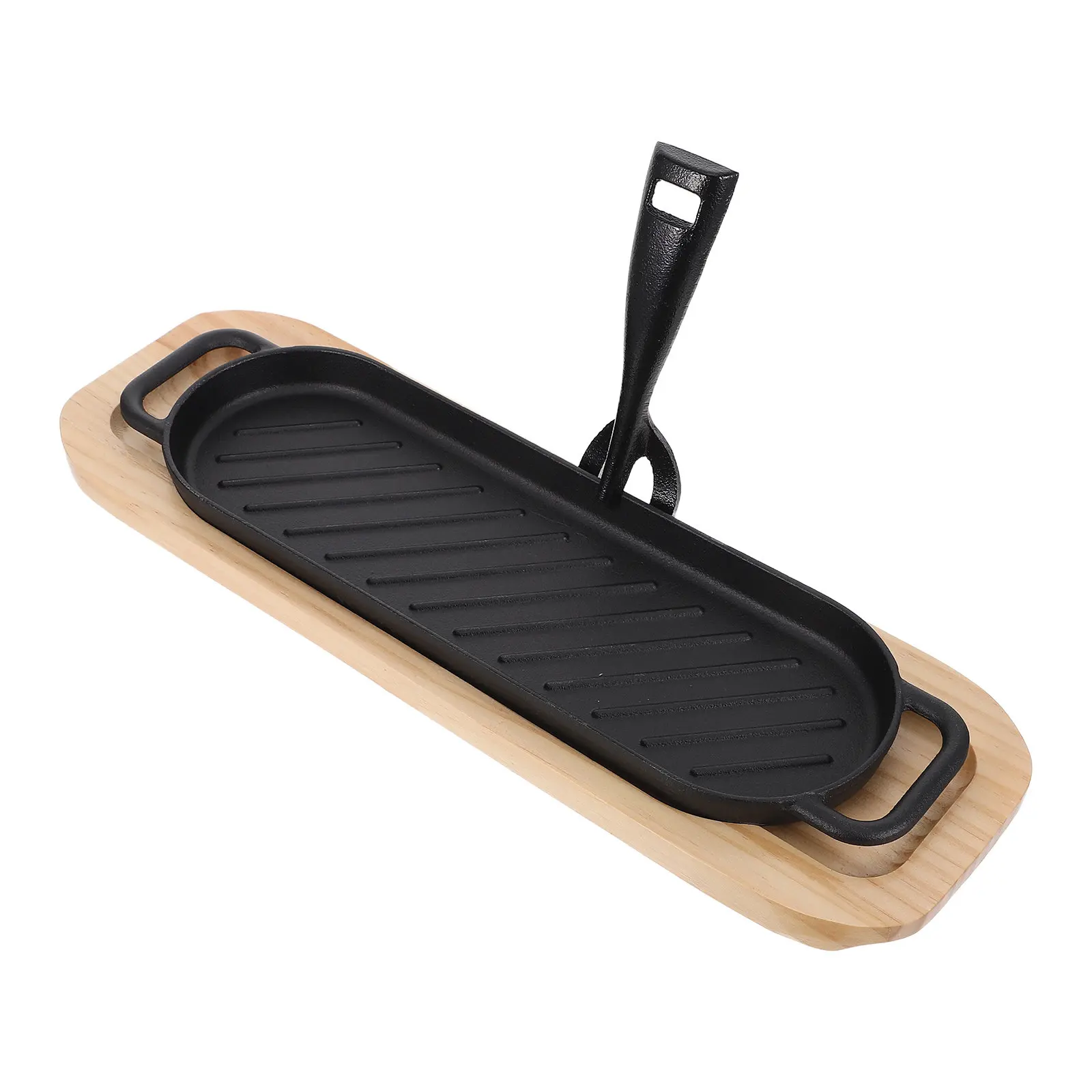 1Set Cast Iron Oval Sizzling Steak Plate 13.4x3.7x0.8 Teppanyaki Grill Griddle Pan Spillproof Edge Nonstick Wooden Base Handle