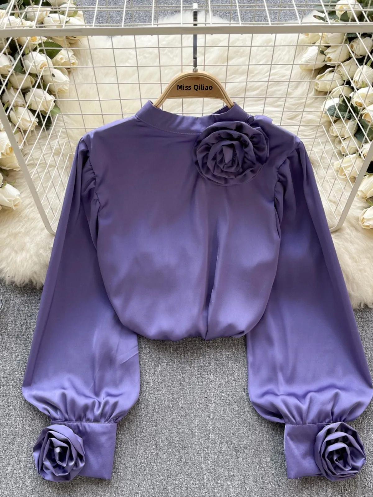 

Ele Satin Long Sve Women's irt 3D Floral Design Versatile Top Korean Sle Commute Faion Spring New Arrival