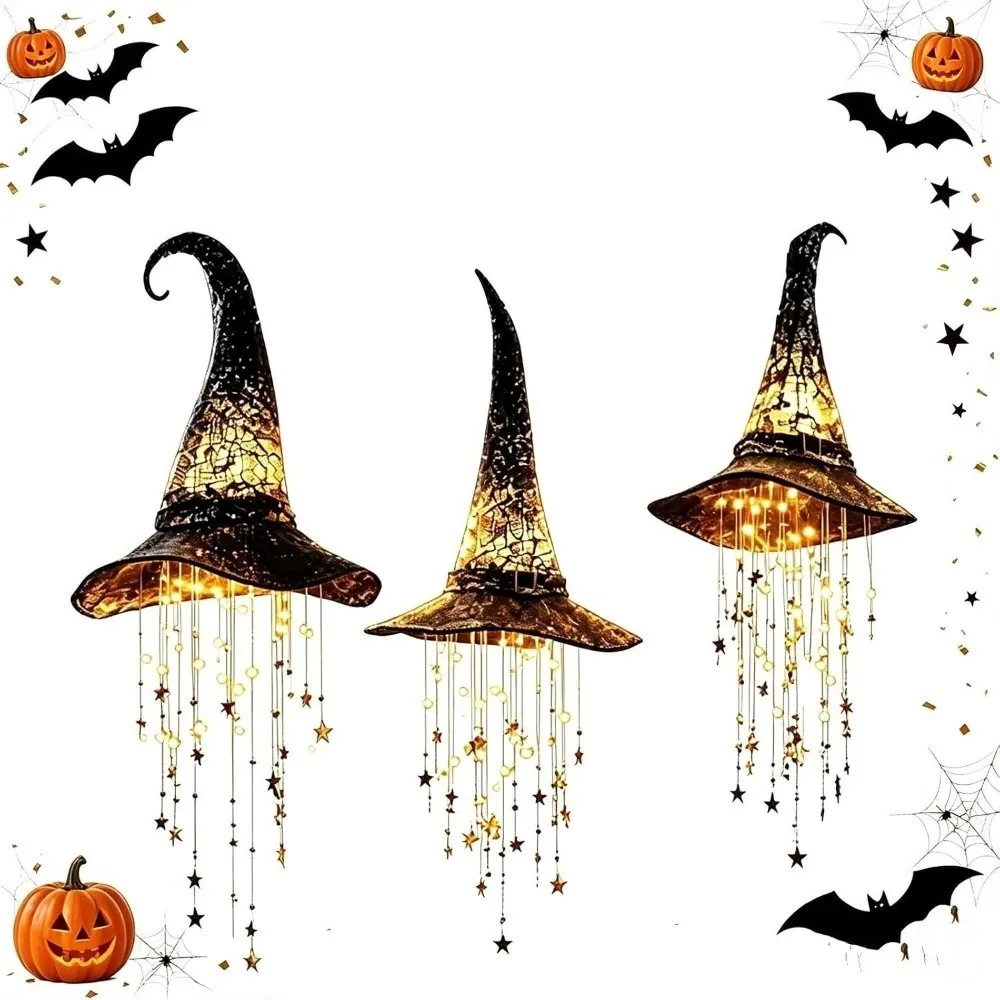 Glowing LED Witch Hat Hanging Chime Hollow Out Spooky Light‑Up Witch Hat Ornament with String Light Vintage