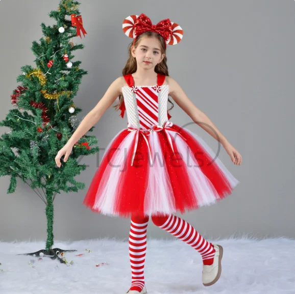فستان توتو للفتيات لعيد الميلاد على شكل قصب الحلوى باللون الأحمر والأبيض اللامع زي السيدة سانتا كلوز للأطفال فساتين حفلات عيد الميلاد للعام الجديد #2