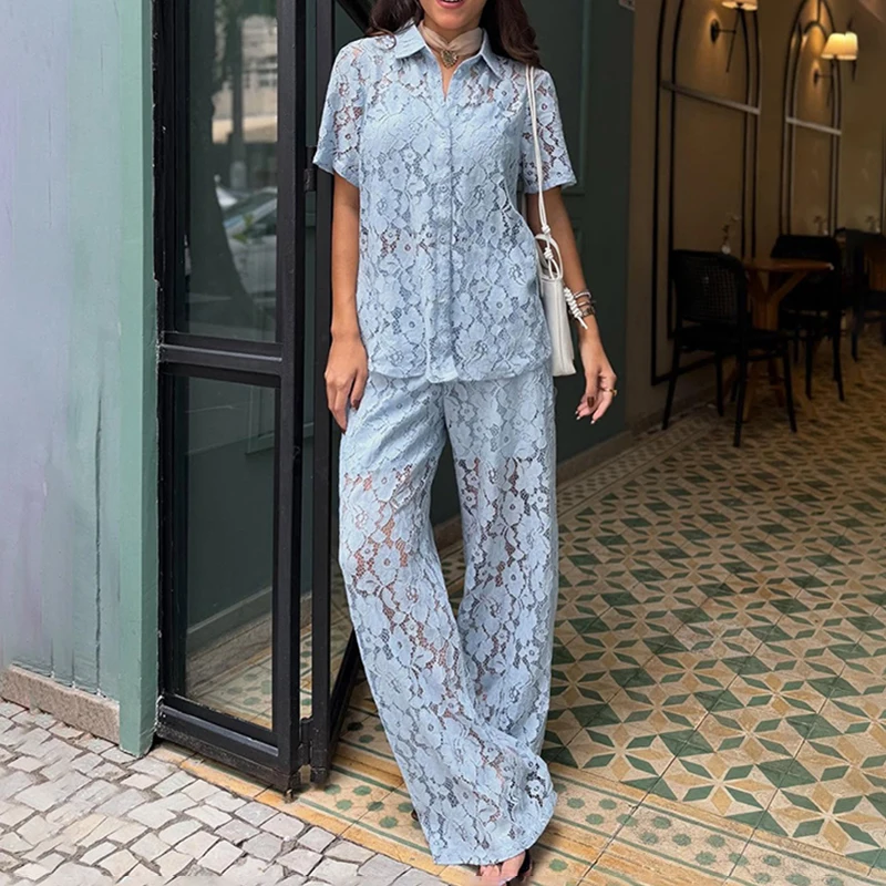 

TARUXY Lace Shirt Vest Long Pants 3-Piece Set Female Spring Summer 2026 New Lapel Collar Hollow-Out Fashion Casual Women's Suit