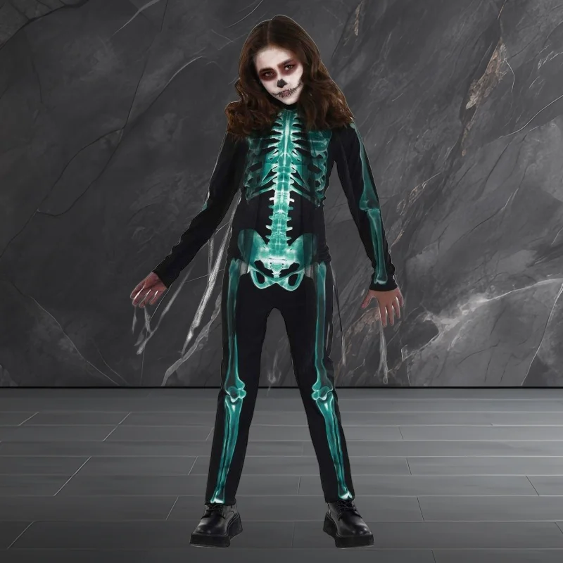 

Halloween Party Skeleton Skull Cosplay Costume Children Bodysuit School Stage Performance Role Play Outfit Black Jumpsuit Kids