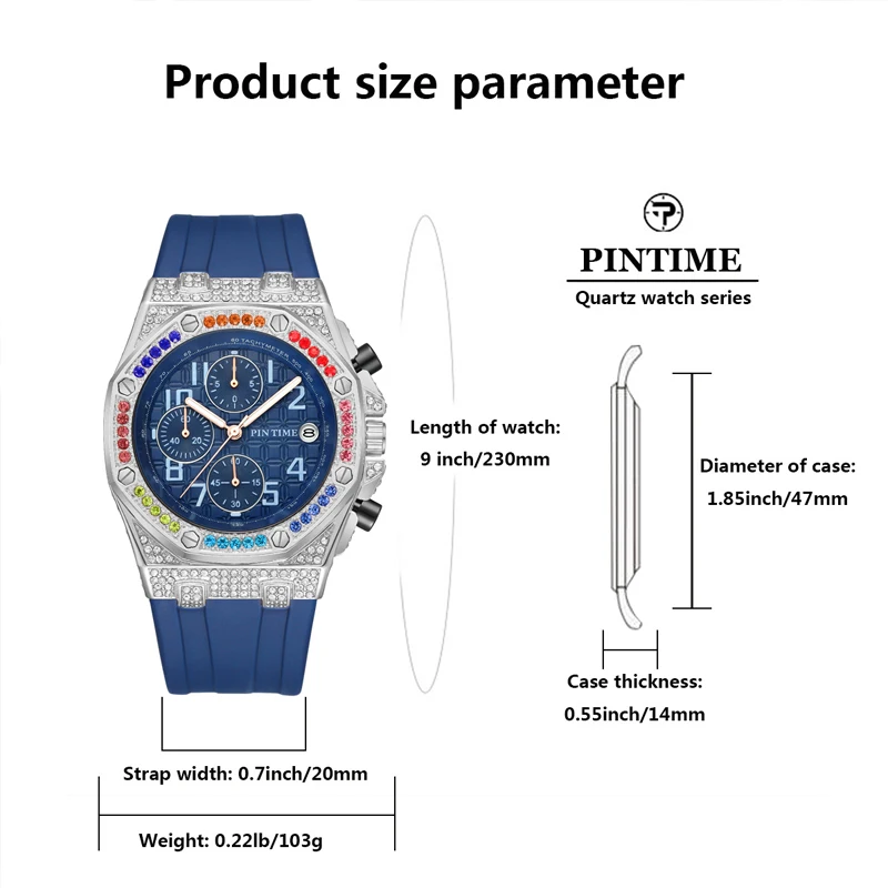 PINTIME New Rainbow Diamond Inlaid Men's Watch European And American Business And Leisure Style Men's Waterproof Quartz Watch