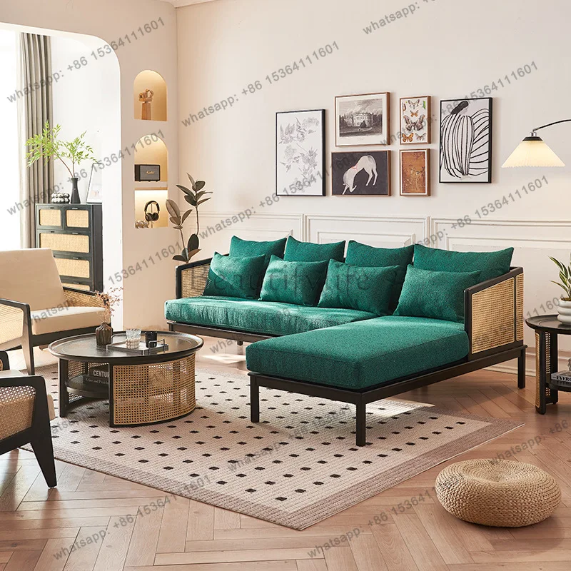 

yj58 Nordic rattan solid wood sofa L-shaped concubine sofa ash wood concubine three people
