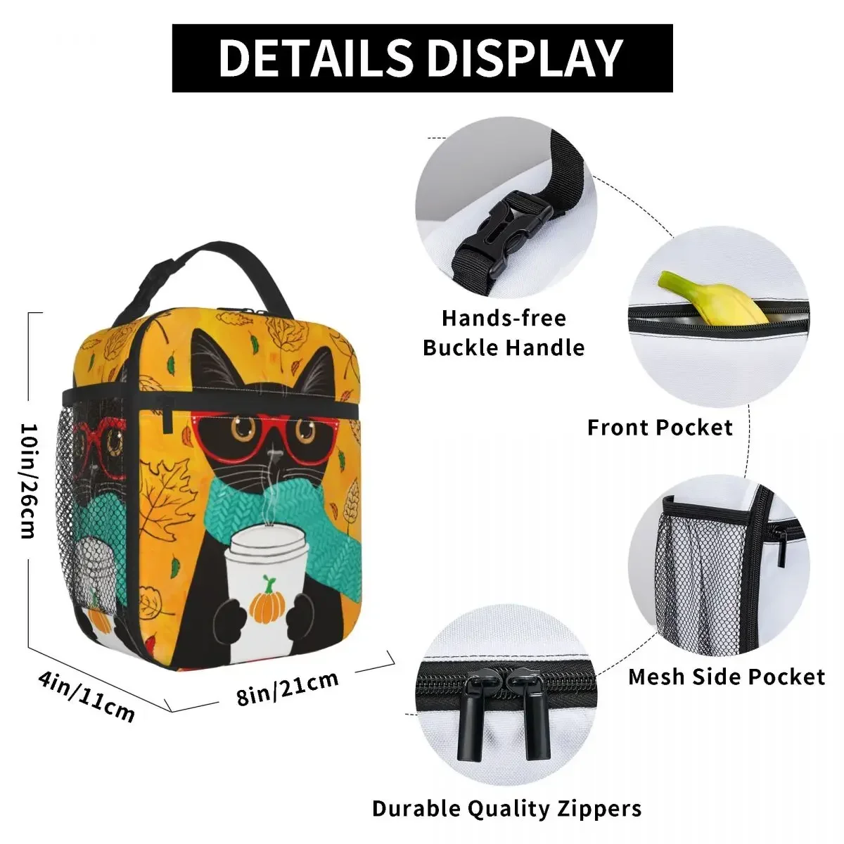 Black Cat Insulated Lunch Bag for Women Leakproof Autumn Pumpkin Coffee Thermal Cooler Lunch Box Office Work School