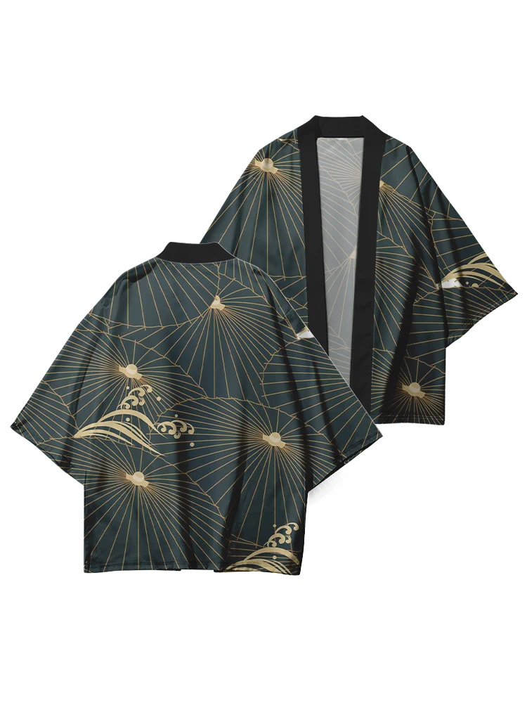 2024 NewFolding Fan Stampato Kimono delle Donne degli uomini di Harajuku Yukata Giapponese Veste di Modo Kimono di Strada Cosplay Cardigan Camicia