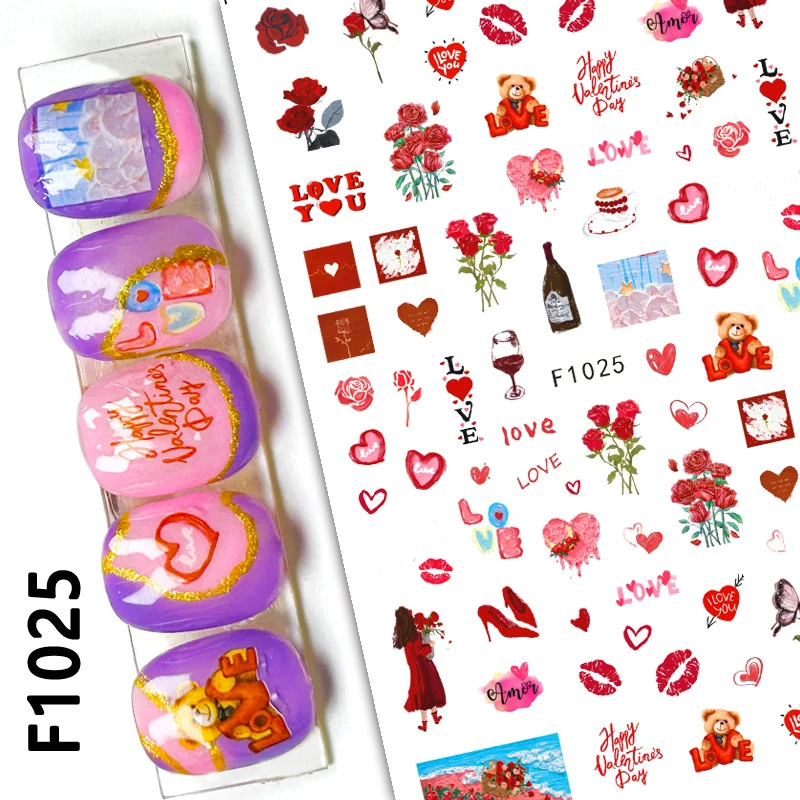 3d Nail Art Sliders Stickers Valentine Sexy Lips Arrow Loves Letters Roses Bears Decals Nail Decoration For Manicure