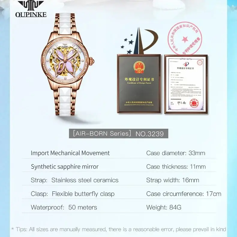 OUPINKE 3239 Women Watch Ceramic Diamond Butterfly Skeleton Women's Bracelet Set Luxury Automatic Mechanical Watch Reloj Mujer