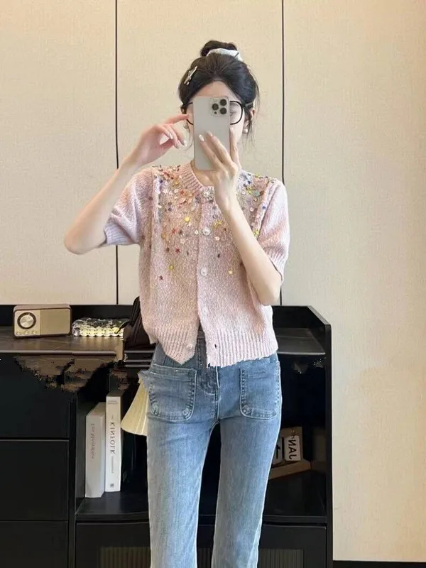 2024 Spring Summer Sweet Short Sleeved Sequin Knitted Sweater Women\'s Round Neck Cardigan 100% Cotton Loose Tops F008