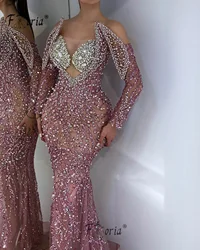 Luxury Off the Shoulder Long Sleeve Evening Dresses Crystal Sequin Sparkly Mermaid Formal Occasion Gowns Prom robe de soirée