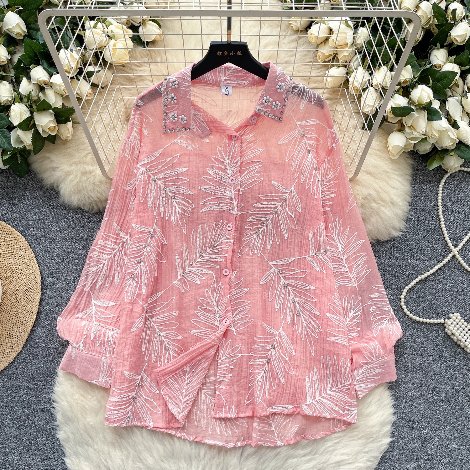 

Chic long sleeve jacquard Beading blouse Sexy Basic Tees Fashion Women Streetwear hotsweet women clothing