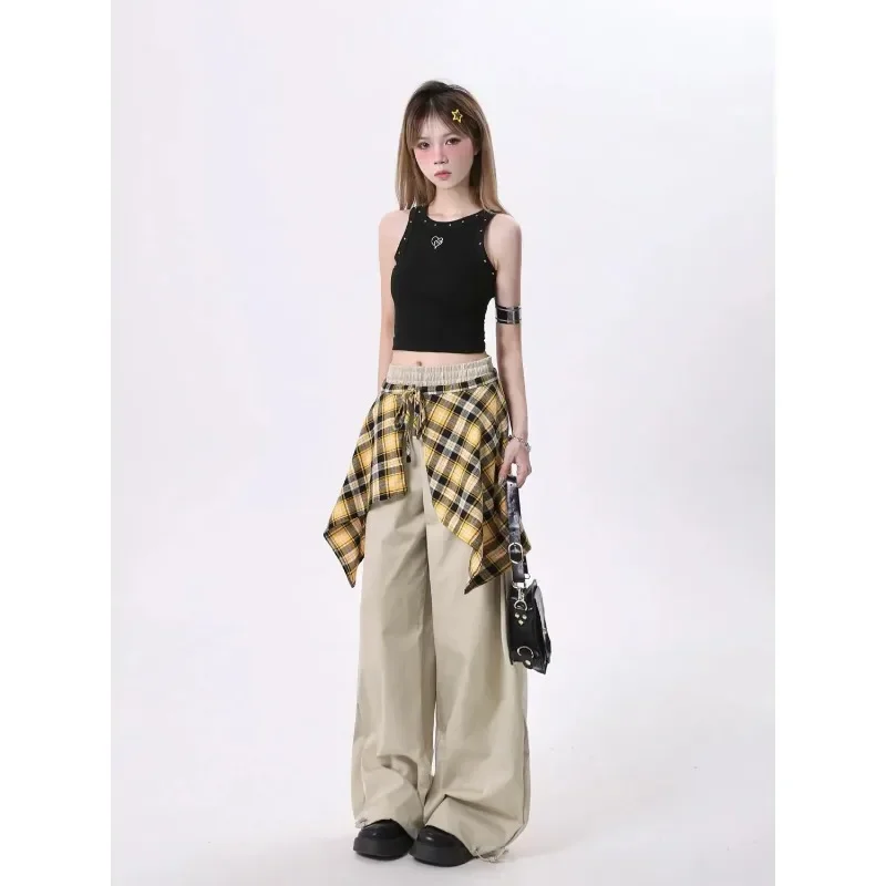 Hip Hop Detachable Checkered Skirt American Vintage Casual Trousers Spicy Girl Autumn Street Dance Loose Straight Leg PantsTrend