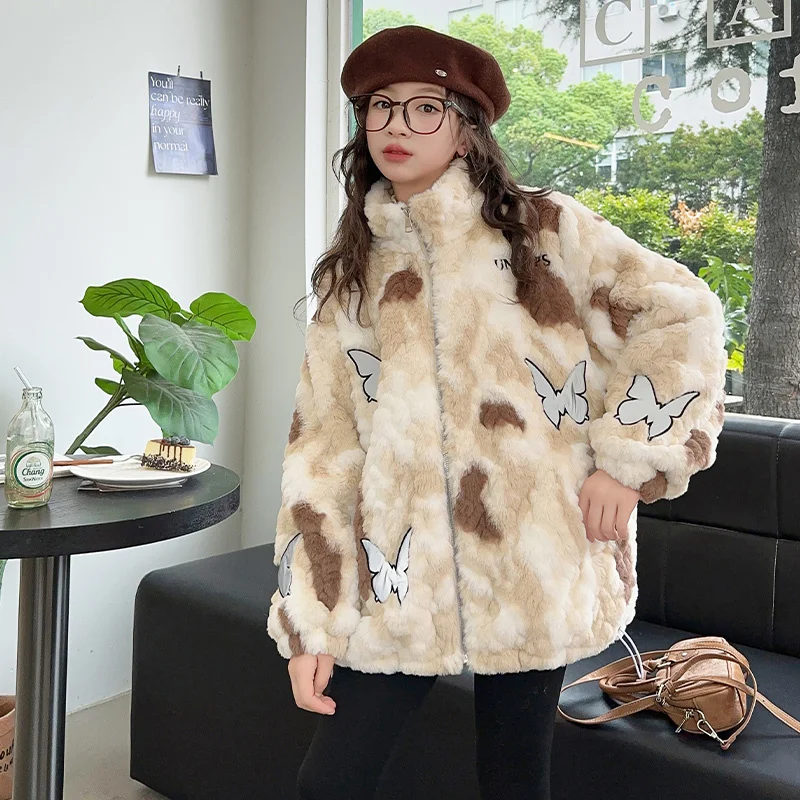 Fashion Female Child Clothes Wool Outerwear and Coats Winter Girl Clothing Butterfly Pattern Warm Thick Rabbit Fur Jacket Outfit