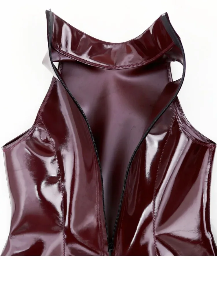 Coaplsy Maid Damen-Minikleid mit hohem Kragen, ärmellos, doppelseitiges PU-Kleid, Wet-Look-PVC-Kleid, wendbares, eng anliegendes Hüftkleid