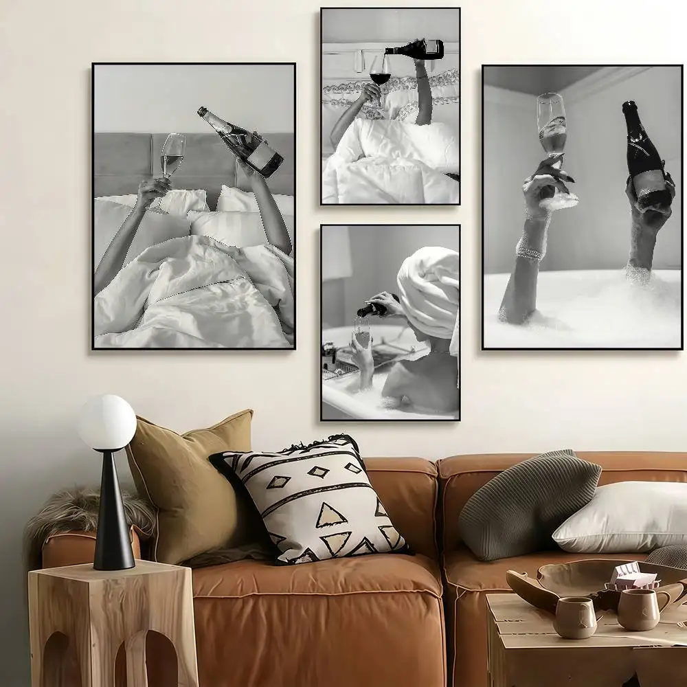 Chic Black White Champagne Celebration Poster Stickers Art Print Retro Vintage Wall Decor HD Living Room Office Gift Occasion