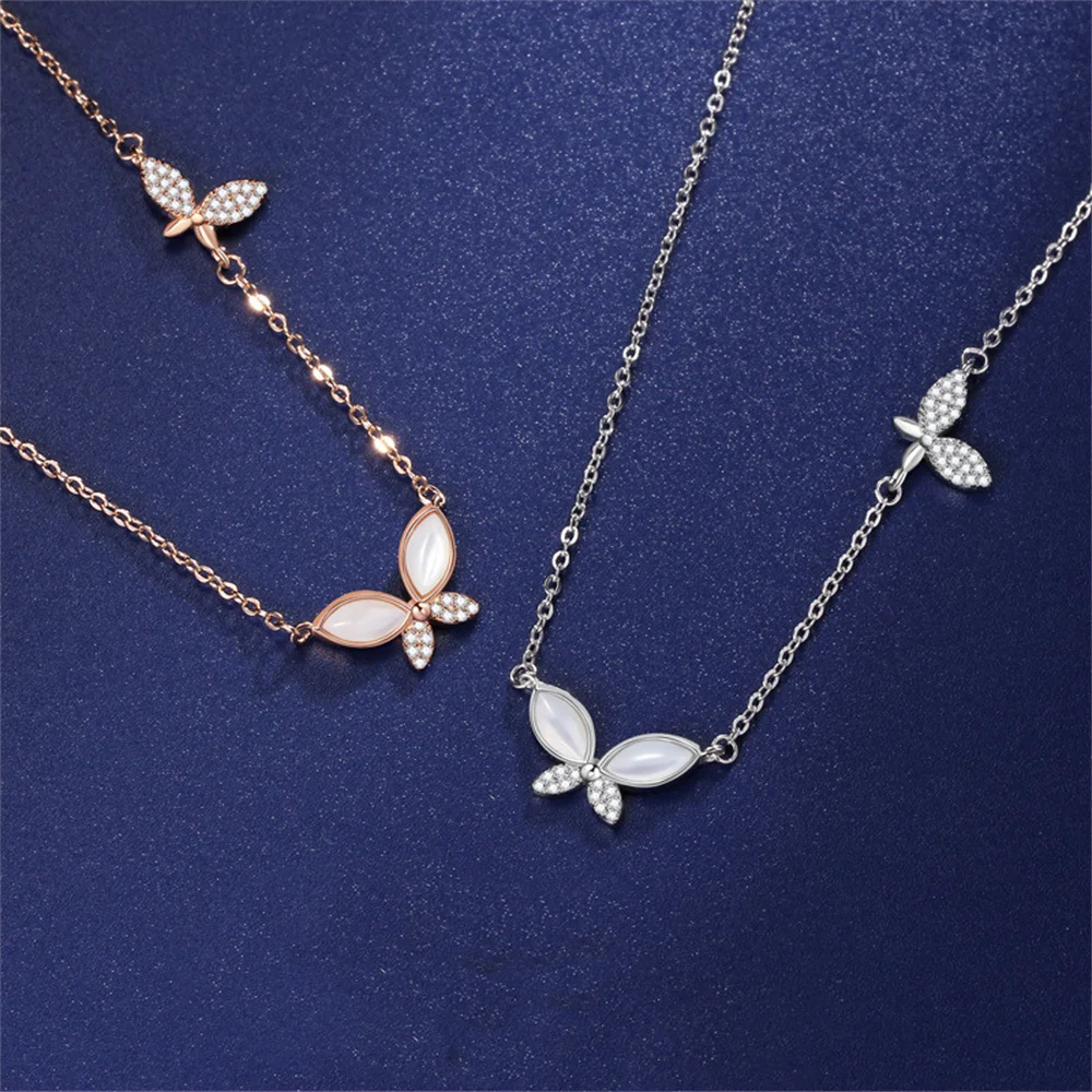 

Ожерелье из стерлингового серебра 925 пробы в корейском стиле, подвеска-бабочка с белым перламутром, инкрустированная бриллиантами, нишевая текстура высокого класса