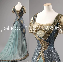 Queen Maud Victorian History Prom Dresses Sparkly Gillter Corset Applique Blue Garments Evening Gown Costume Customsized