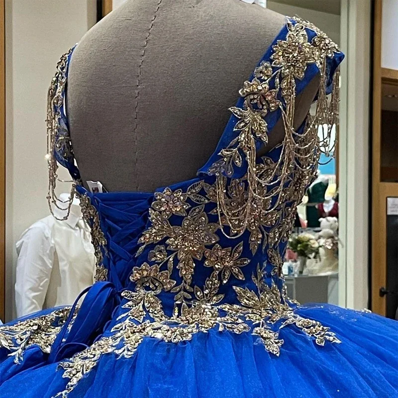 Vestido De quinceañera De lujo con apliques De cuentas azules, Vestido De baile De 15 años De quinceañera, dulce Vestido De cumpleaños De 16 años