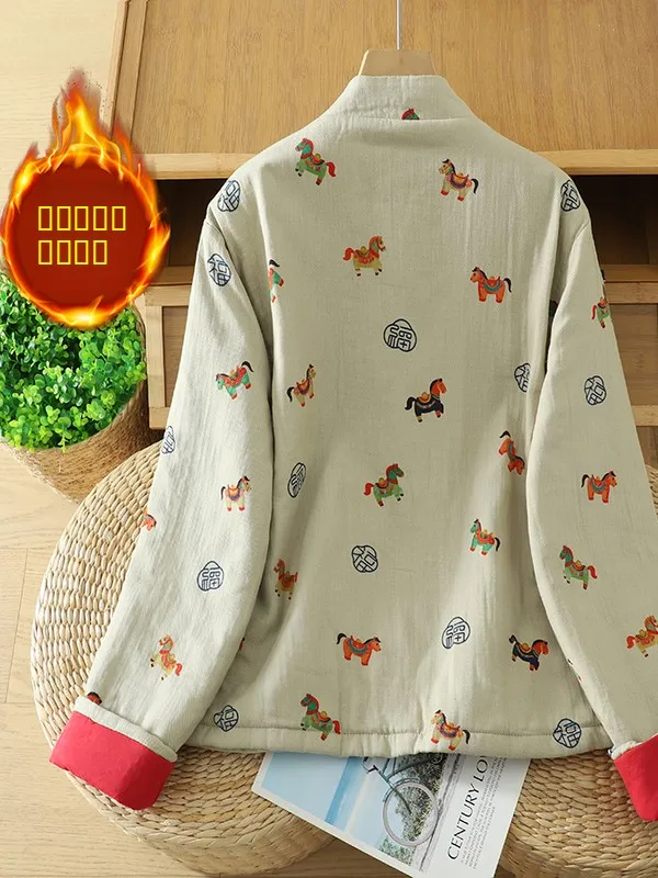 Damski płaszcz retro z bawełny z nadrukiem, zimowy, ocieplany, ze stójką, zapinany na guziki, długi płaszcz w kwiatowy wzór, tradycyjny...