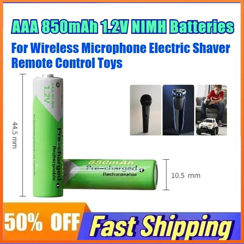50PC AAA 850mAh 1.2V NIMH Batteries Rechargeable Batterie for Wireless Microphone Electric Shaver Remote Control Toys