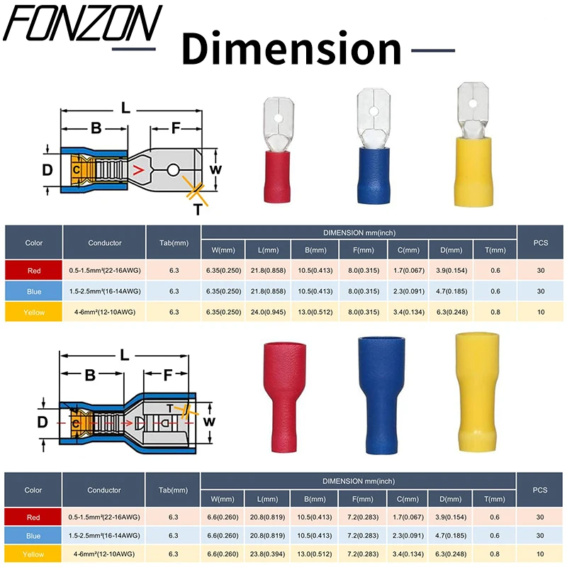 100 PCS FDFD2-250 female pre-insulated crimp terminals suitable for 1.5-2.5mm² connectors MDD2-250 Female spade cable connectors