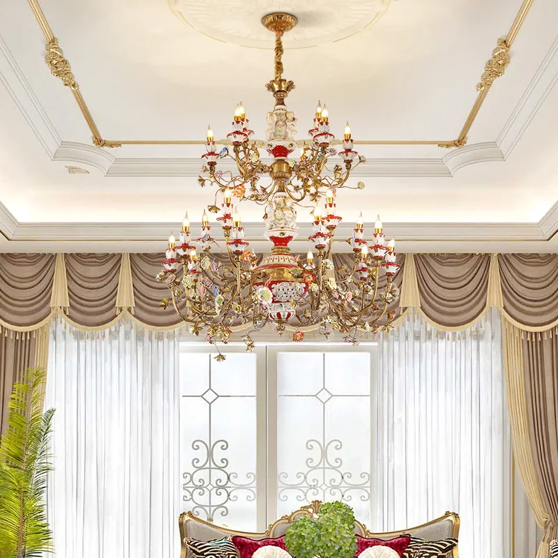 French Villa Duplex Decoration Luxury Copper Ceramic Flowers  Chandelier European Style Brass Lobby Large Pendant Light