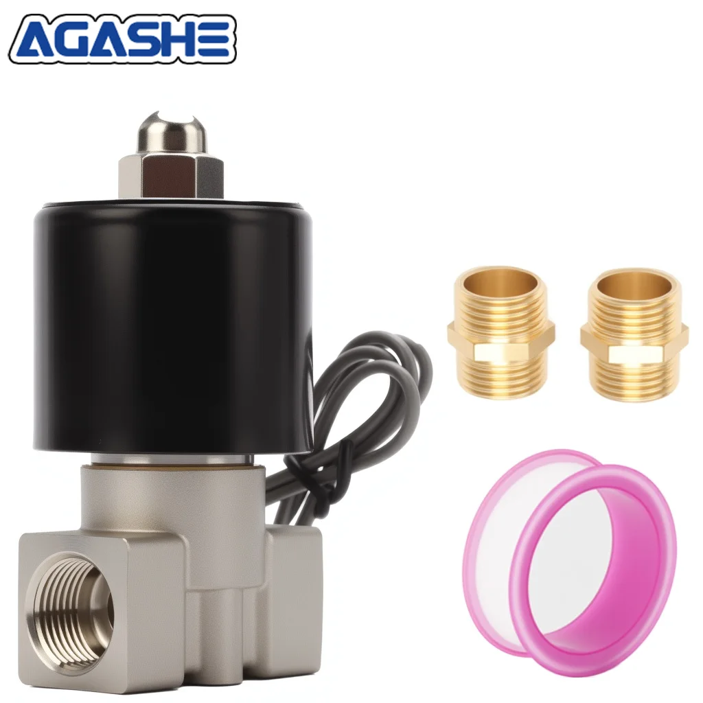 AGASHE 12V / 24V DC صمام الملف اللولبي الكهربائي النحاسي - المياه والهواء والغاز، اتصال NC - درجة صناعية، صمام معدني متين لـ Pne #2