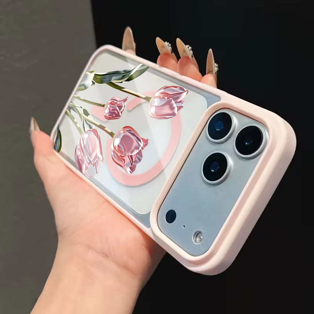 Tulpenblumen-Klarsichthülle für Magsafe iPhone 15 16 Pro Max 17 16 15 14 11 13 12 Pro Max Plus Hüllen Magnetisches Kabelloses Laden Coque – Detail 10