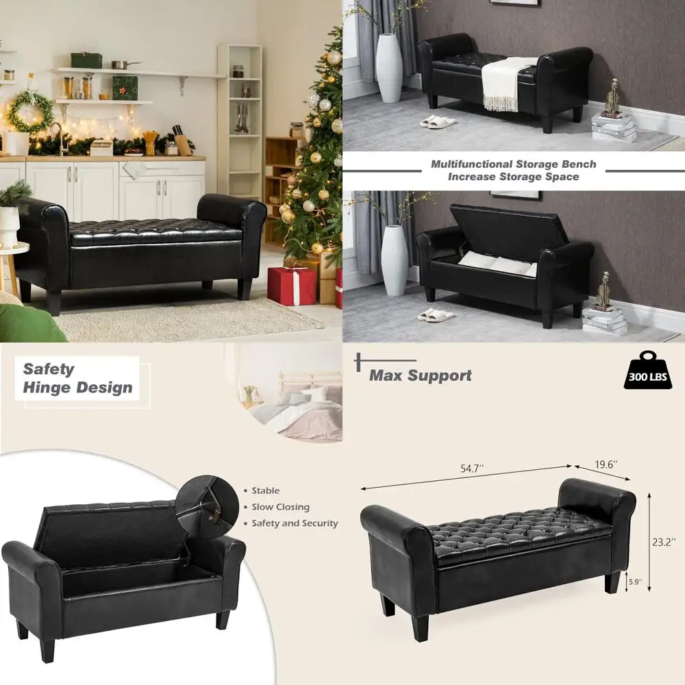 bedroom eco-friendly storage bench, living room rectangular leather footrest with rolled arm, black