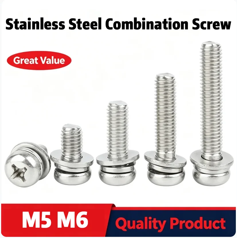 M5 M6 m5 m6 Socket Head Screw with Washer Stainless Steel Metric Three Combination Screw Sems Screw m6 bolts