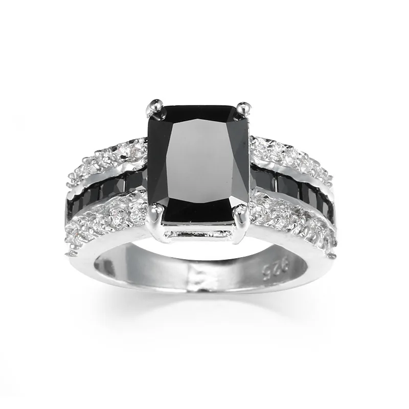 New Fashion High Quality Women Man Jewelry Fashion Silver Color Black Stone And C Zircon Finger Ring Christmas Gift
