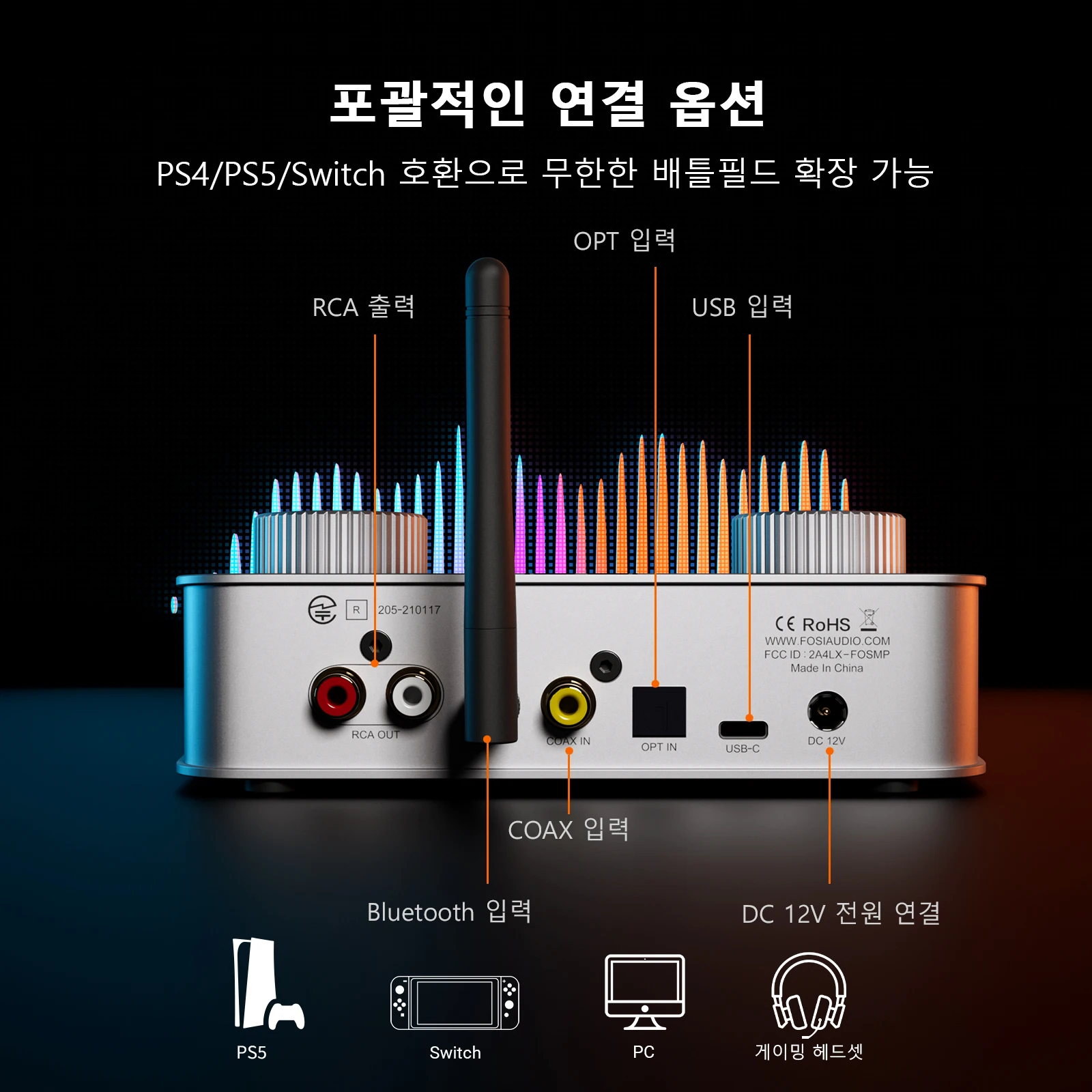 Fosi Audio K7 화이트 게이밍 헤드폰 앰프 블루투스 HiFi 데스크탑 DAC 앰프 PS5 PC 스위치 마이크 입력 3.5mm/4.4mm 출력 썸네일 4
