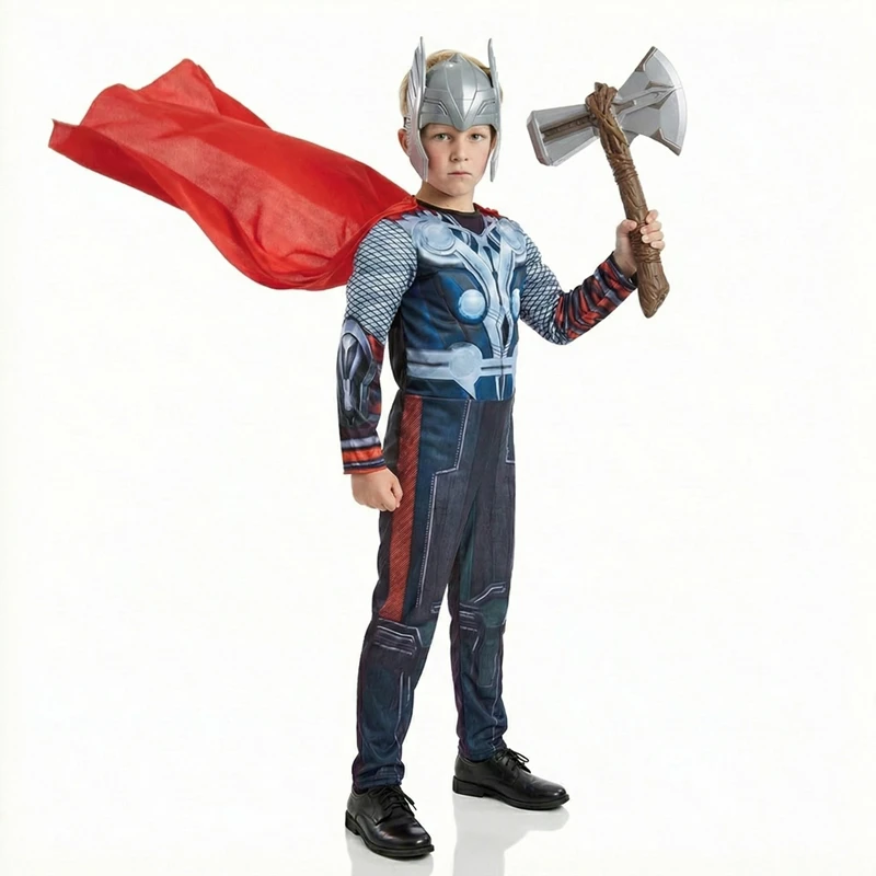 Disfraz de Capa de Superhéroe Thor para Niños con Máscara y Mono para Halloween, Cosplay, Fiestas, Niños y Niñas, Disfraz con Martillo de Plástico