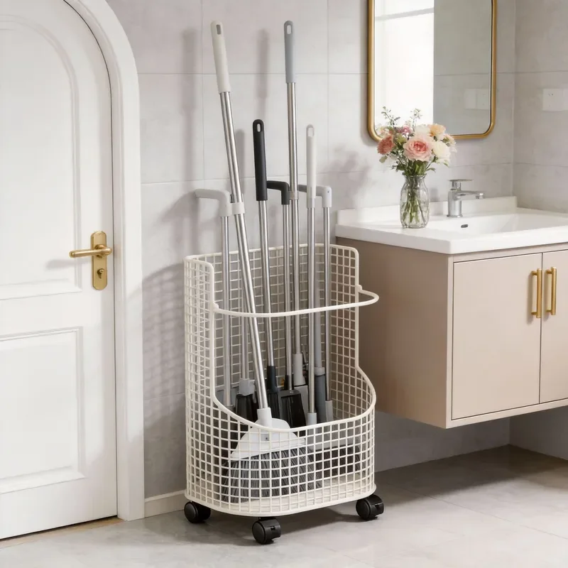 For Large Capacity Cleaning Tool Storage Basket Household Bathroom Floor Mop Broom Rack Organizer Wall Mounted Holder Shelf
