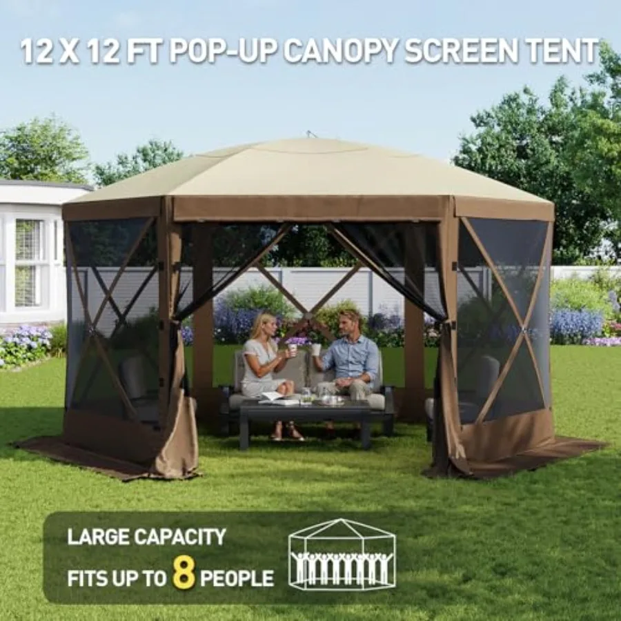 Feet Canopy Tent For Outdoor Camping, Lightweight Polyester Fabric, Beige Color, Uv-Resistant And Insect-Proof Mesh Walls