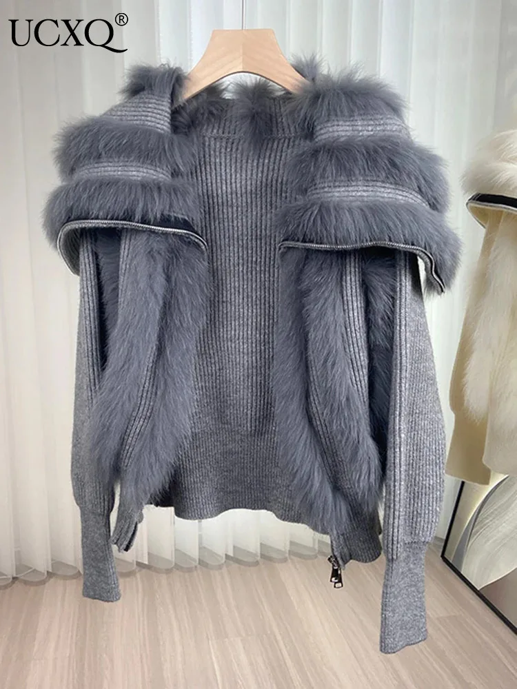 UCXQ Fashion Fox Fur Coat Short Autumn Zipper Top Patchwork Plush Elegant Women\'s Clothing 2024 Winter Knitt Cardigan Sweater 52