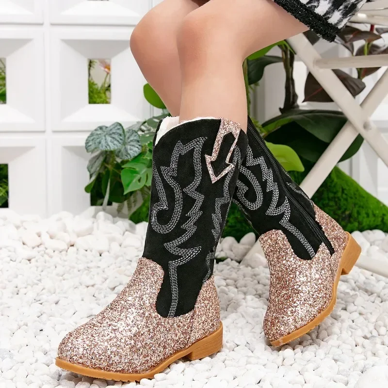 Children's Riding Boots Fashion Girl Winter Boots Chic Sequins Princess Fashion Kids Causal Cotton Boots Non-slip Versatile