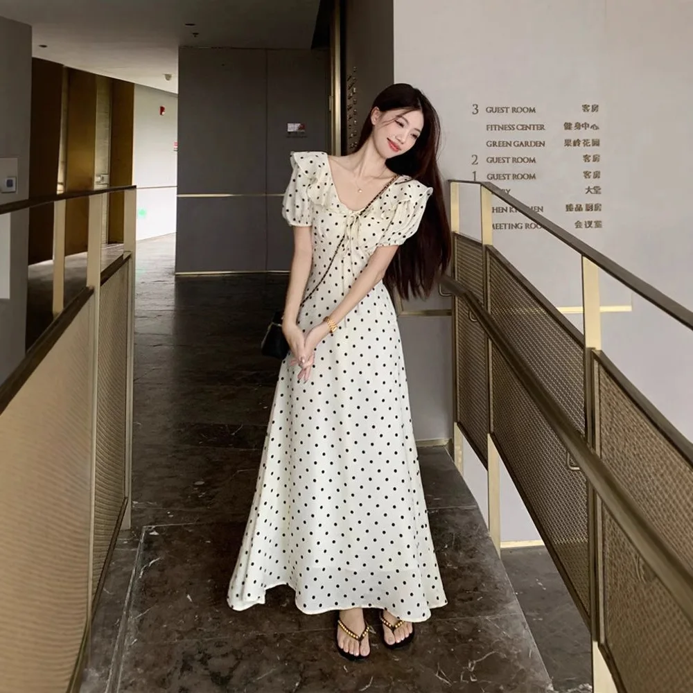 

Бежевое шифоновое платье на шнуровке с рюшами и рукавами во французском стиле ретро для женщин, летние облегающие платья феи с высокой талией для отпуска