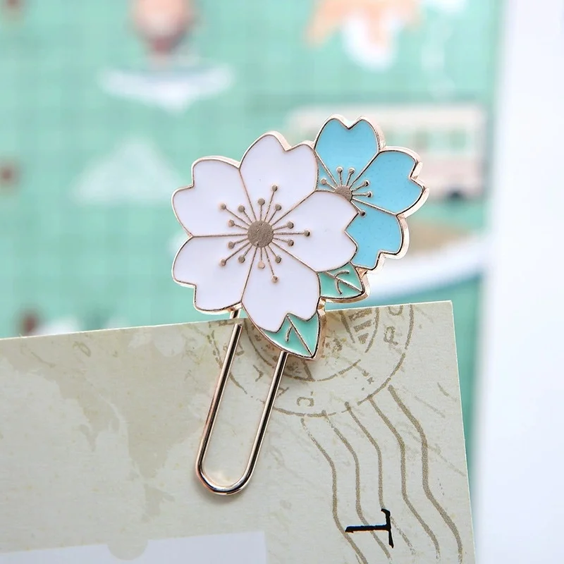 Vintage Enamel Sakura Flower Paper Clips Decorative Metal Bookmarks, Aesthetic Stationery for Journaling, School Office Supplies