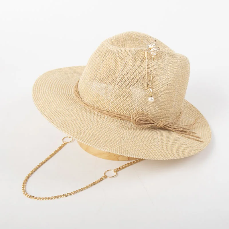 French Minimalist Hollow Pointed Woven Straw Hat Spring Summer Chain Decor Straw Rope Beach Sun Hat