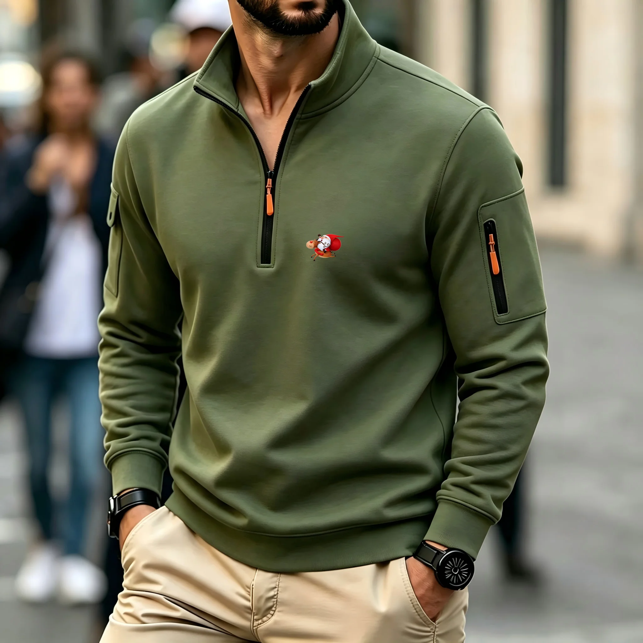 autumn and winter Warm long sleeve men's Sweatshirt half zipper loose collar Windproof Top Christmas Day New Print Graphic